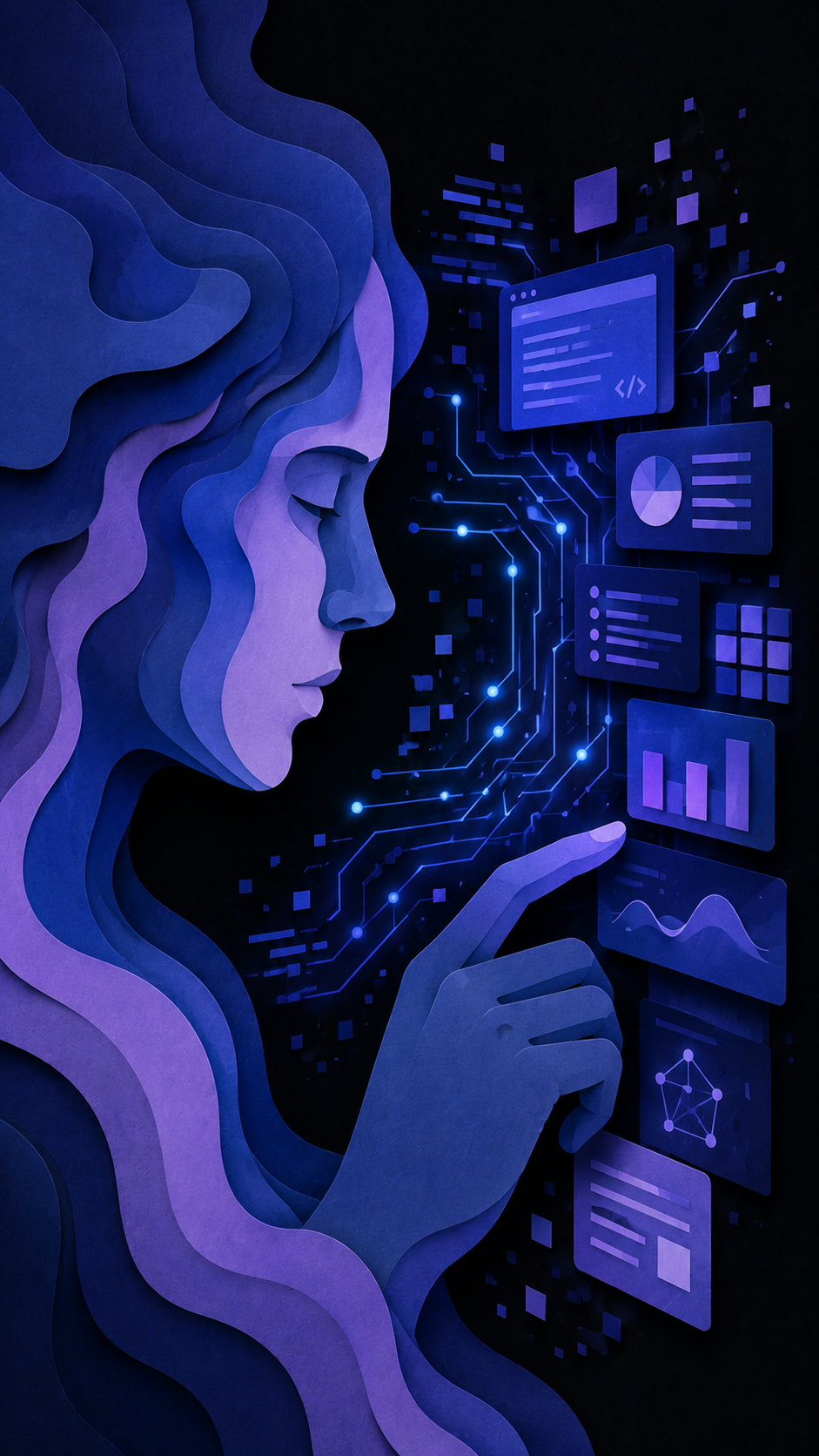 Person working at an audio and software workstation with layered sound and data displays