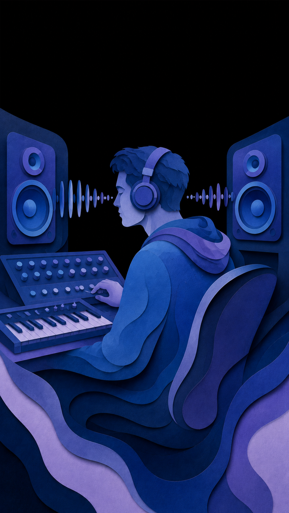 Illustration of a listener at a studio desk with sound moving toward both ears