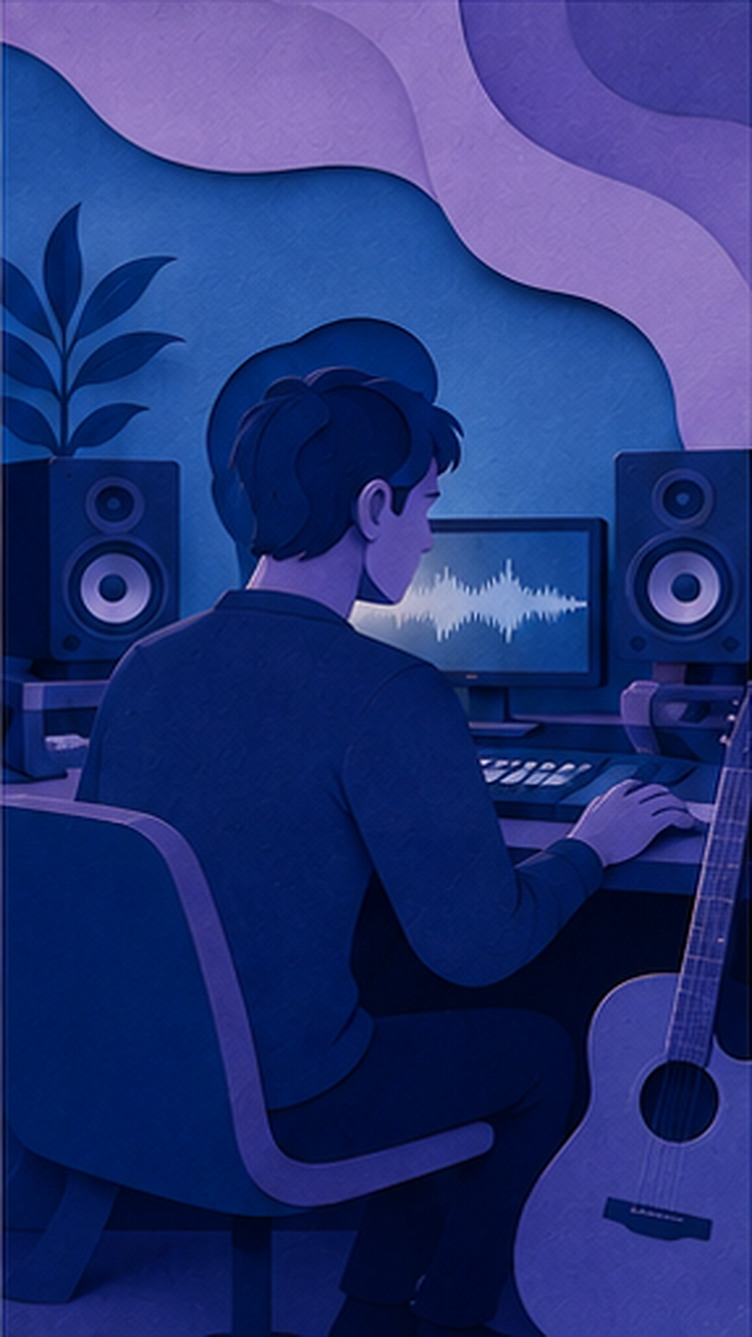 Paper-cut illustration of a musician working at a studio desk